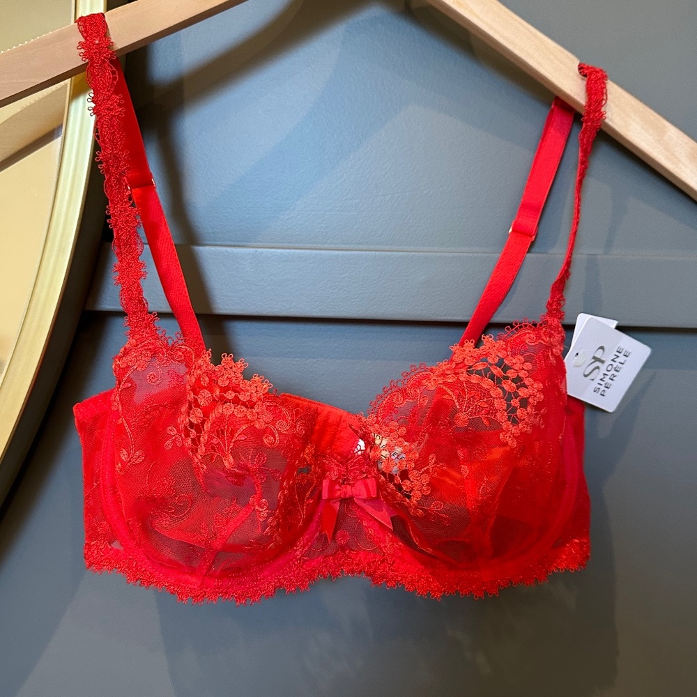 ❤️ NWT!! SIMONE PERELE Wish Demi cup Underwire Bra in red lace, Size 32D!